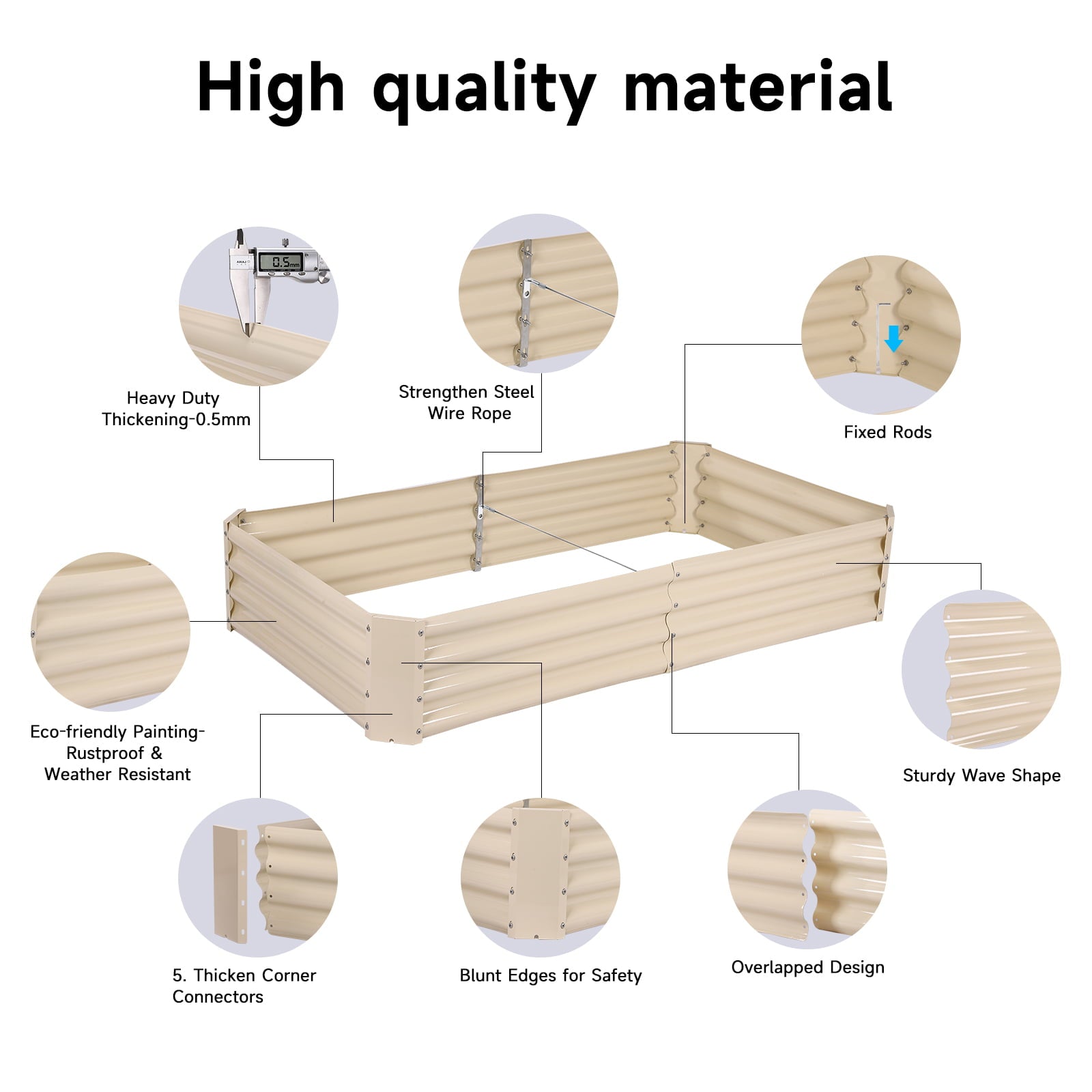 Tramull Galvanized Raised Garden Bed Rectangular Metal Corrugated Planter Box Kit Outdoor for Vegetables Flowers Herbs, Adjustable for Different Combinations, 2 Packs or 3 Packs, Light Ivory, 12"Tall