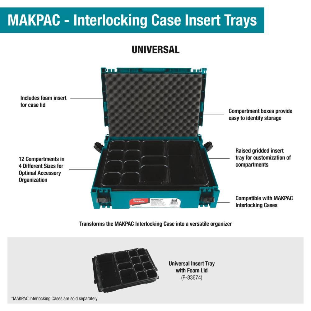 Makita MAKPAC Interlocking Case Universal Insert Tray with Foam Lid P-83674 from Makita