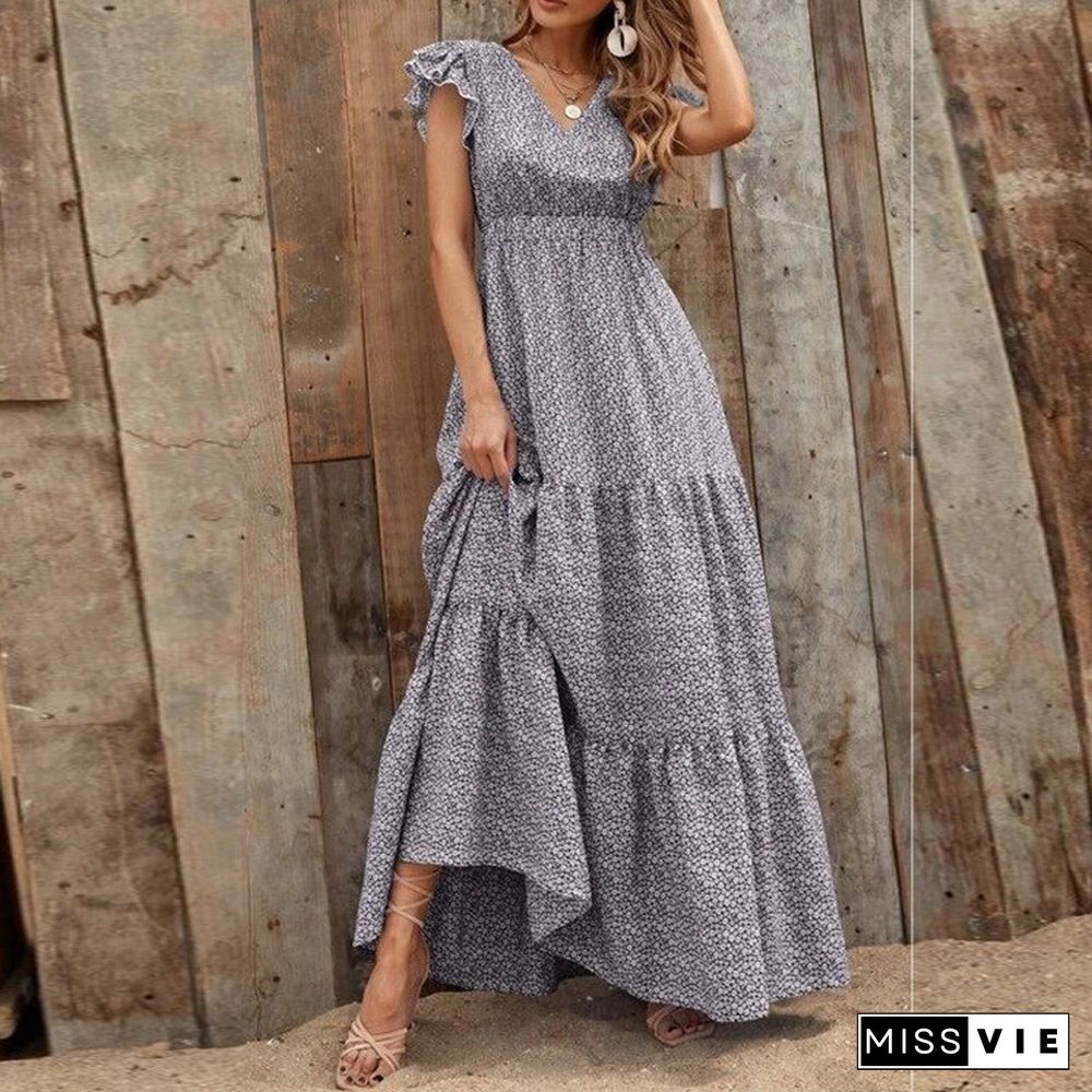 Summer Bohemian V-neck Dress Women High-waisted Printed Holiday Dress Stitching Floral Dress Vestidos De Mujer