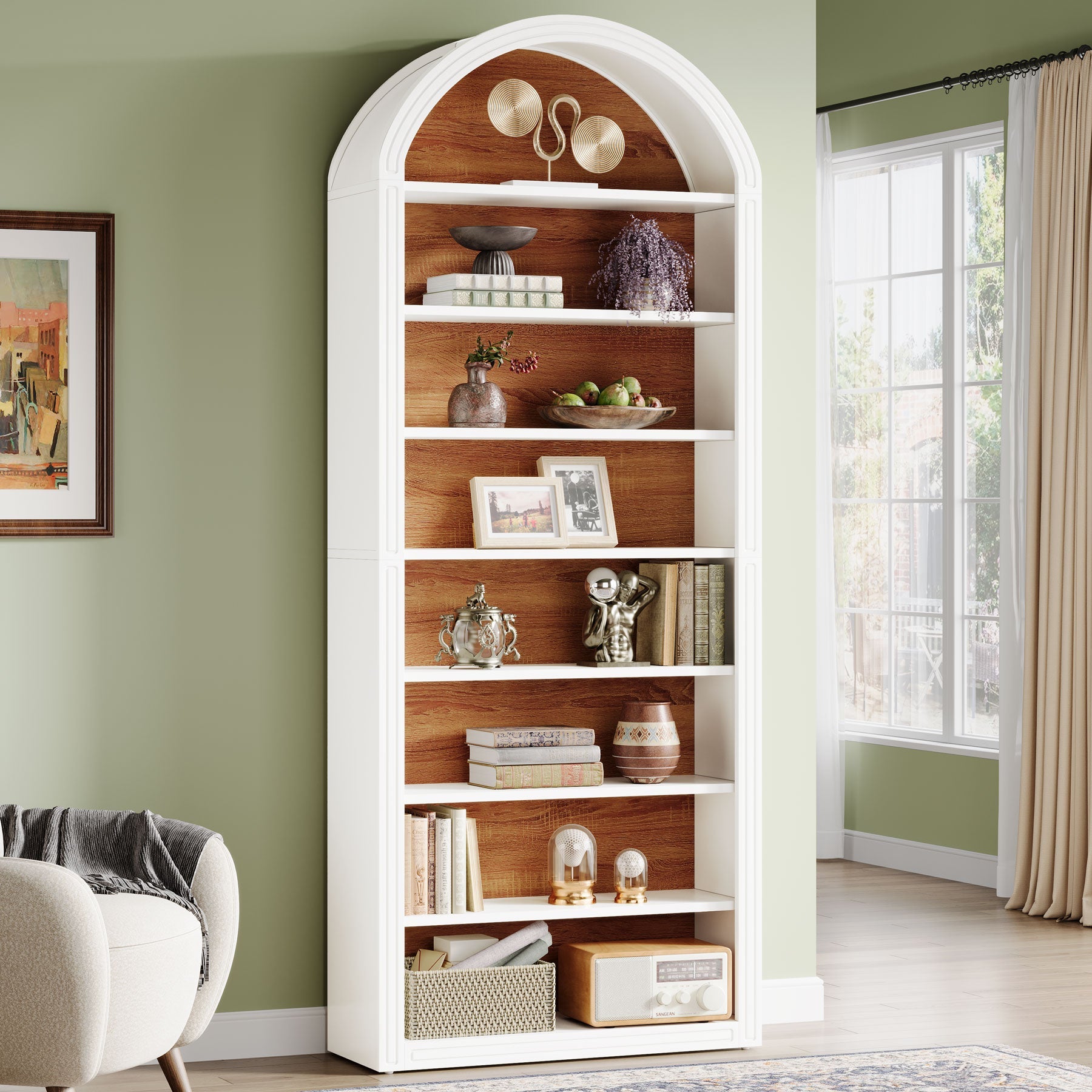 78.7 Bookshelf, Wooden Arched Bookcase Display Shelving Unit