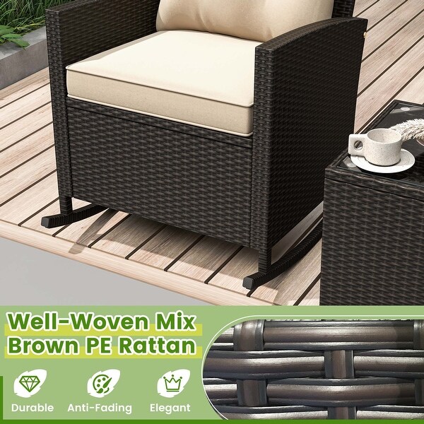 Costway 3 PCS Patio Wicker Rocking Set with Tempered Glass Table and