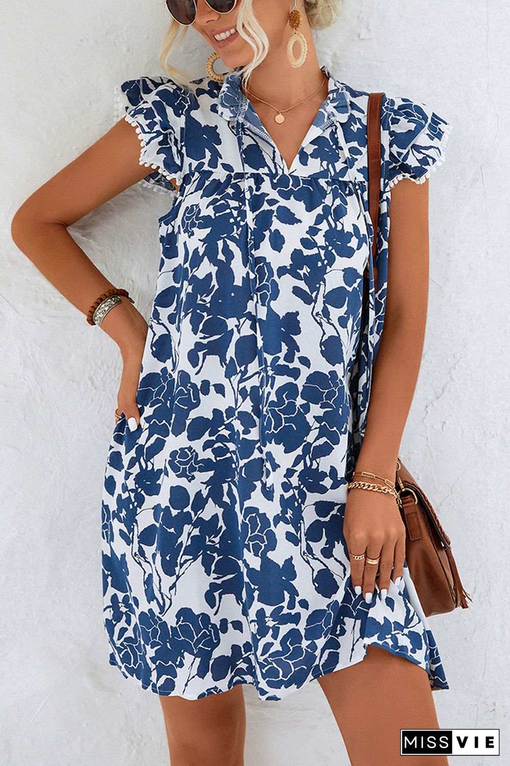 Split Collar Ruffles Floral Dress