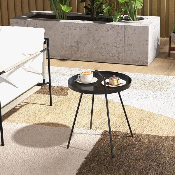 Outdoor Coffee Table with Handle，Weather Resistant Outdoor Portable End Table Millie 17in Steel Round Side Table