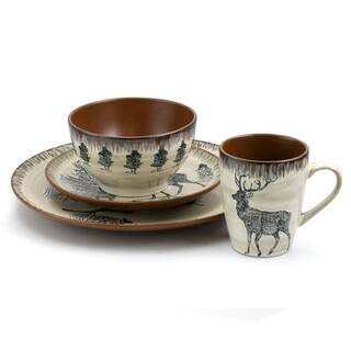 Elama Majestic Elk 16-Piece Seasonal Taupe Stoneware Dinnerware Set (Service for 4) 985112047M