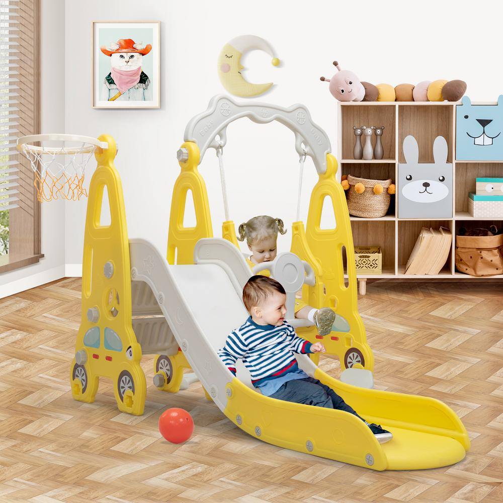 Nyeekoy 3-in-1 Kids Slide and Swing Set Toddler Climber Playset Indoor Outdoor Playground Yellow Plus Grey TH17X1001-T01