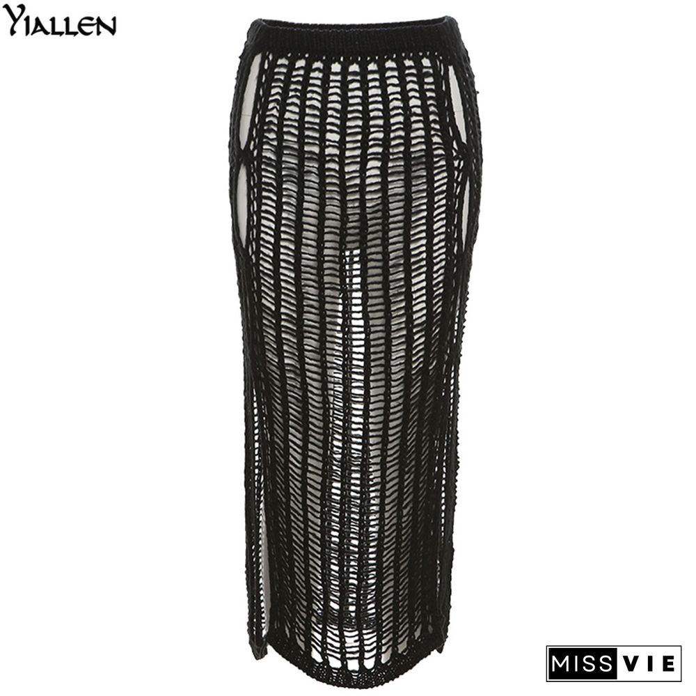 Yiallen Summer Yellow OpenworkWeaving Long Skirt New Women Sexy Chic Maxi Skirt Casual Streetwear Club Party Y2k Outfits