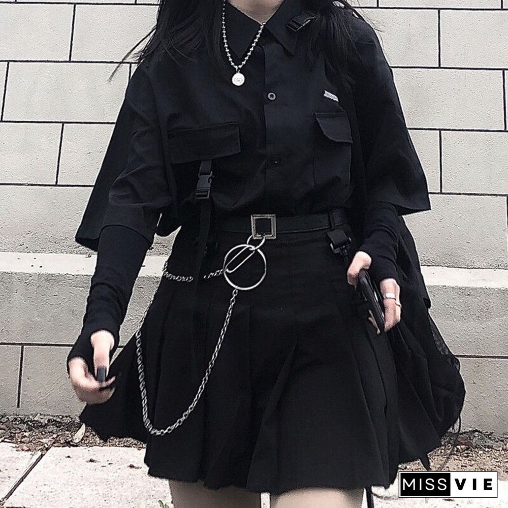 Vintage Loose Solid BF Gothic Two Piece Set Women Summer Casual Korean Button Shirt And Black Pleated A-line Mini Yk2 Skirt