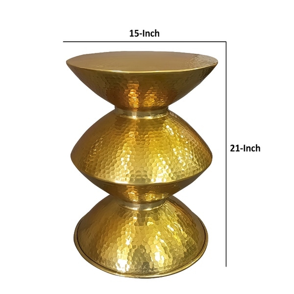 21 Inch Round Aluminum Side End Table， Hammered Embossed Metal Surface， Turned Pedestal Base， Gold Brass Finish