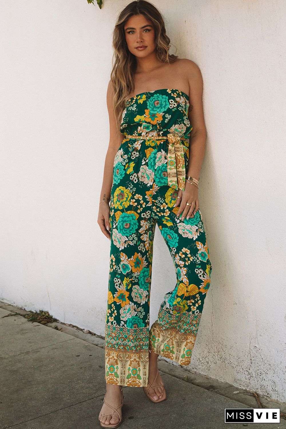 Green Boho Floral Belted Strapless Jumpsuit