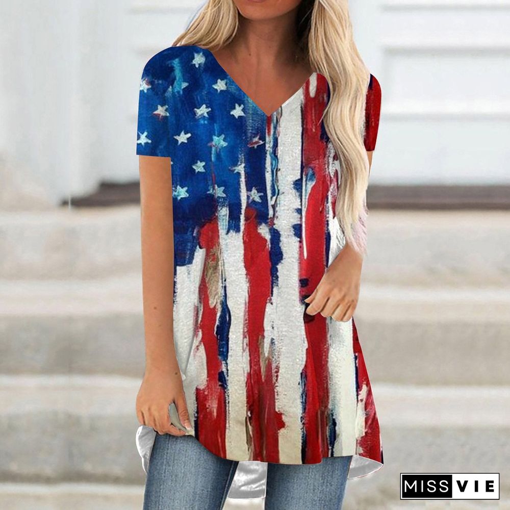 V Neck Flag Printed T-Shirt