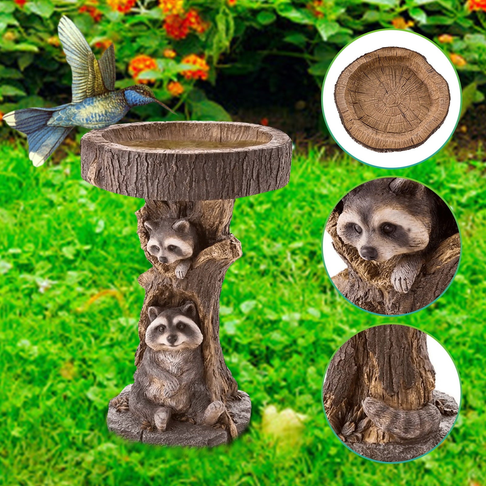 Fridja Brown Pedestal Bird Baths for Outdoors,Bird Water Feeder,Wood-Look Carved Resin Hummingbird Bath and Bird Feeder Tray Raccoon Stake Bird Water Bowl Outside for Garden