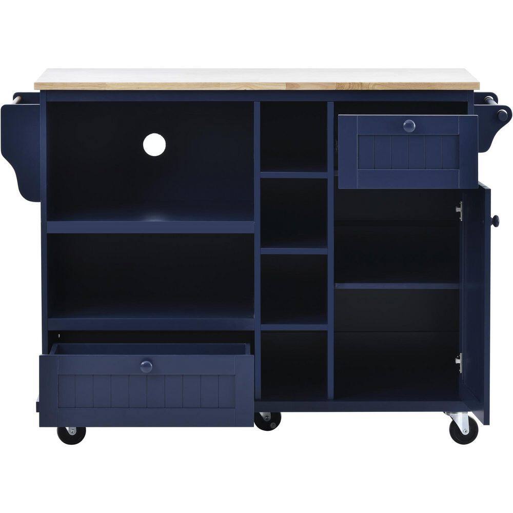 Dark Blue Kitchen Island on 5-Wheels with Storage Cabinet and Microwave Cabinet Solid Wood Desktop VJ1208KIsland7