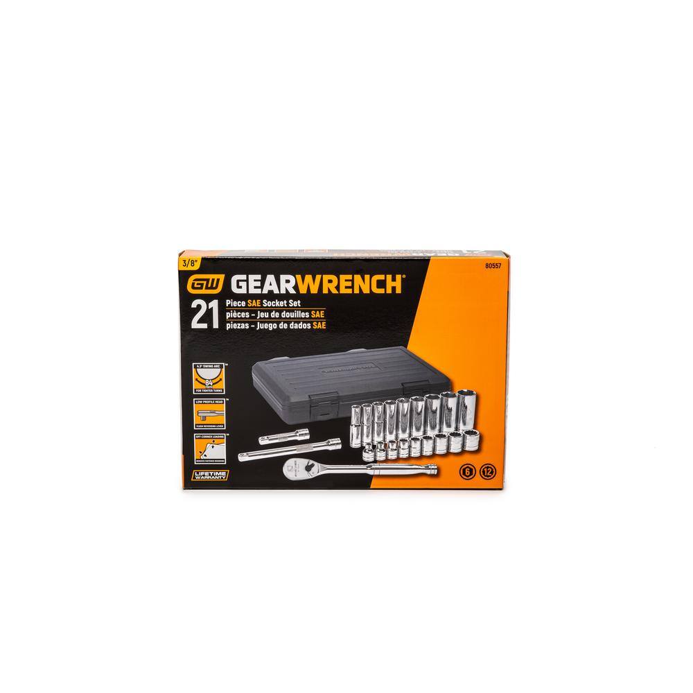 GEARWRENCH 38 in. Drive 6-Point Deep  12-Point Standard SAE 90-Tooth Ratchet and Socket Mechanics Tool Set (21-Piece) 80557