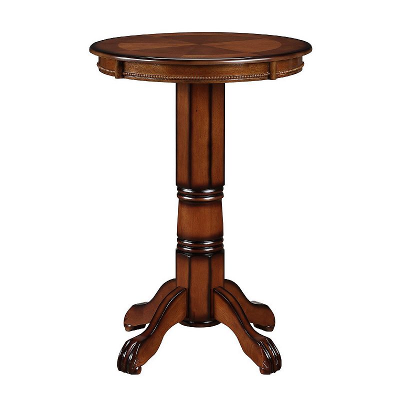 Ava 42 Inch Wood Pub Bar Table， Sunburst Design， Carved Pedestal， Brown