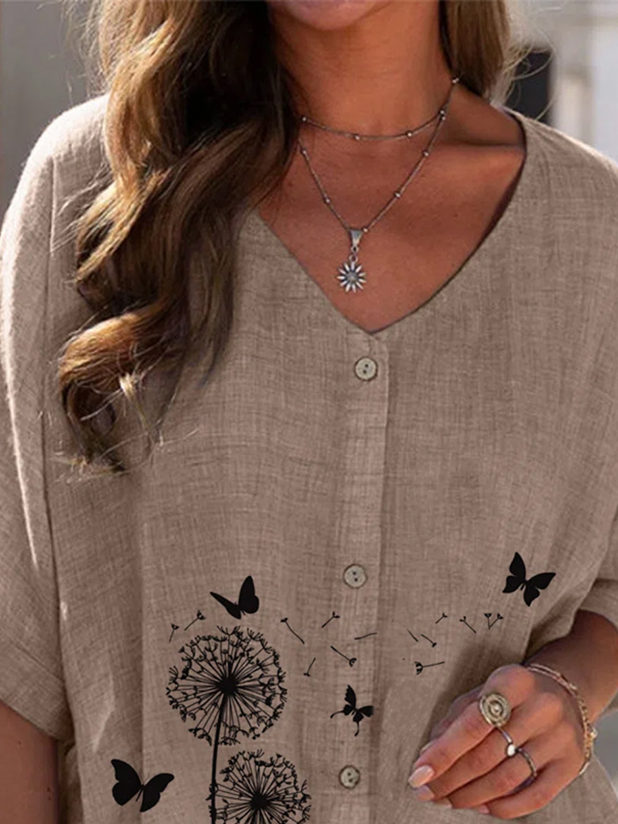 Vintage Print V Neck Short Sleeves Blouse