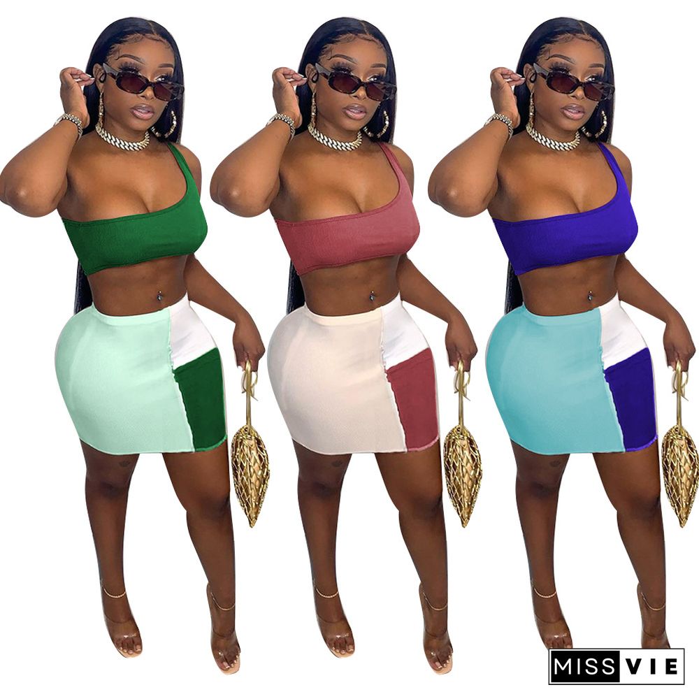 Hot Sales Sexy One Shoulder Sleeveless Crop Top Color Contrast Patchwork Skirt Women Two Piece Set