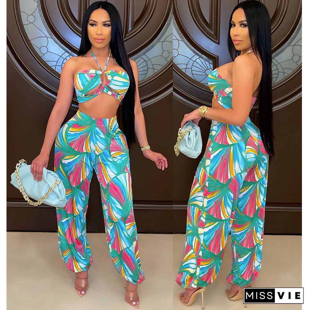 Summer Womens Clothing Halter Neck Printed Crop Top Loose Long Pants Party Club Two-Piece Suits