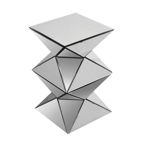 20 Inch Modern End Table， Square Mirror Top， Silver Geometric Pedestal Base