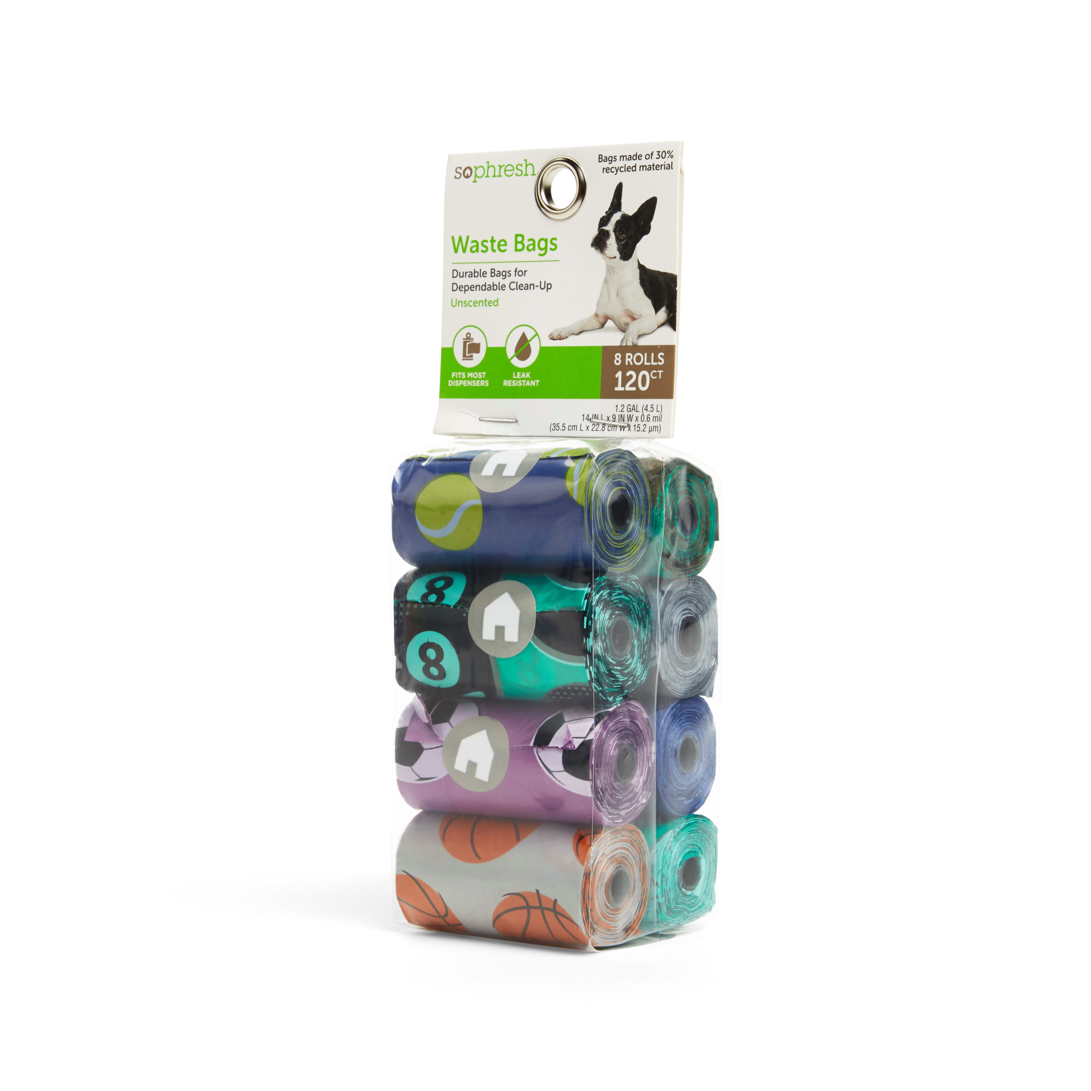 SO PHRESH Multicolor Sports-Print Unscented Dog Waste Bags， Count of 120