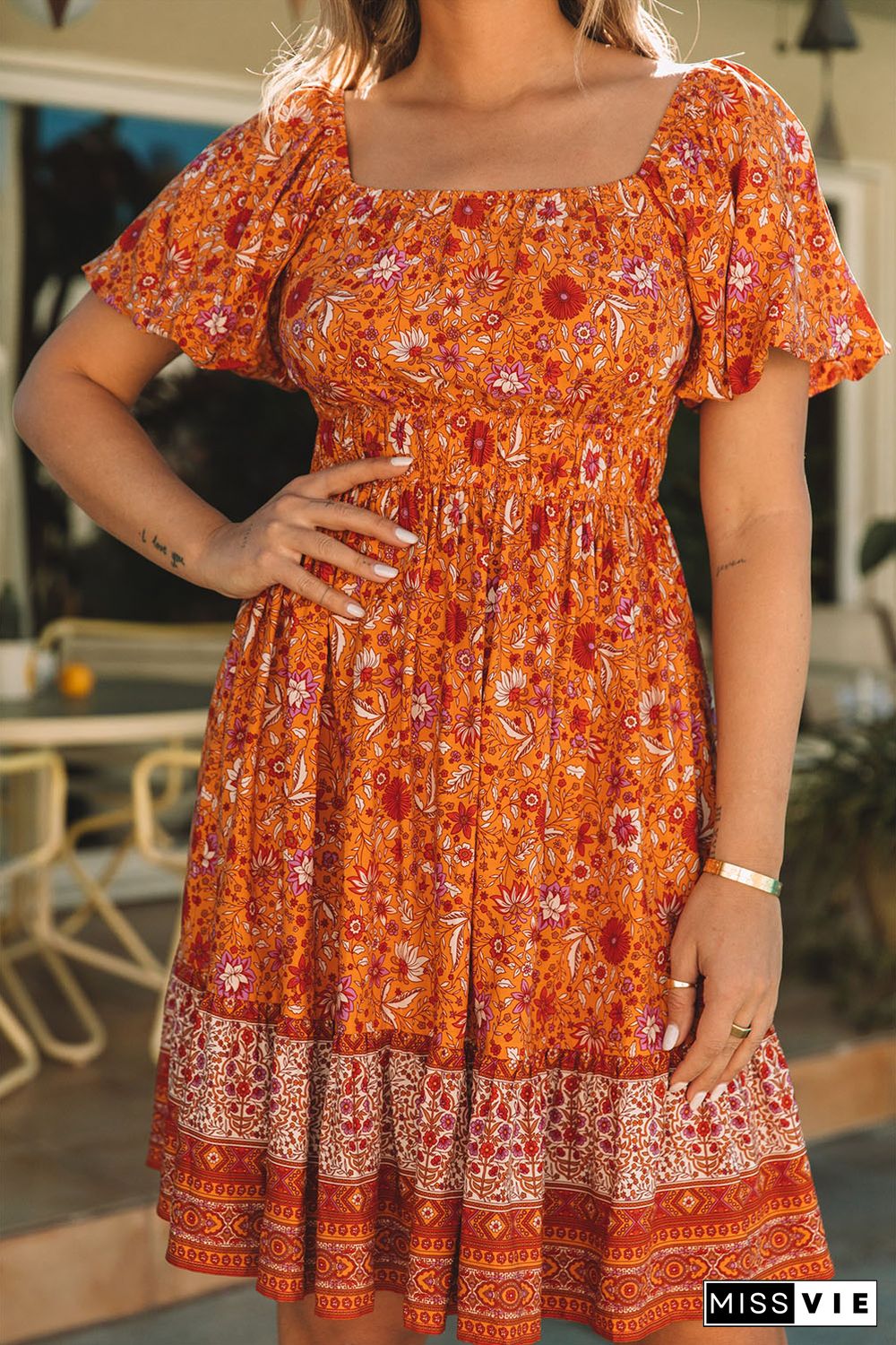 Orange Square Neck Puff Sleeves Flowy Floral Dress