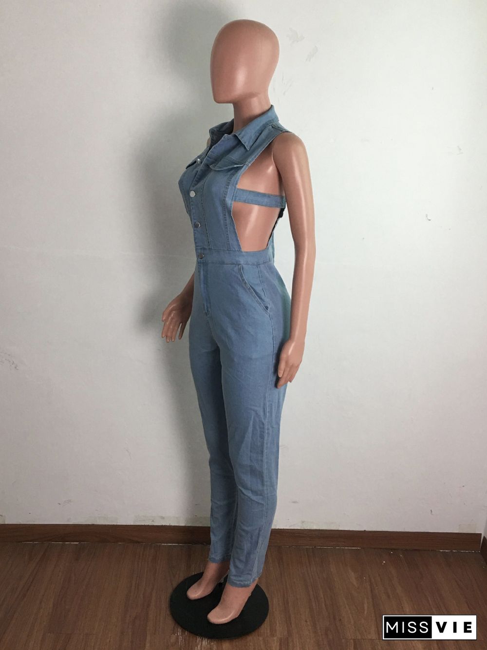 Plus Size Solid Sleeveless Side Hollow Out Button Up High Waist Bodycon Summer Denim Women Jumpsuits