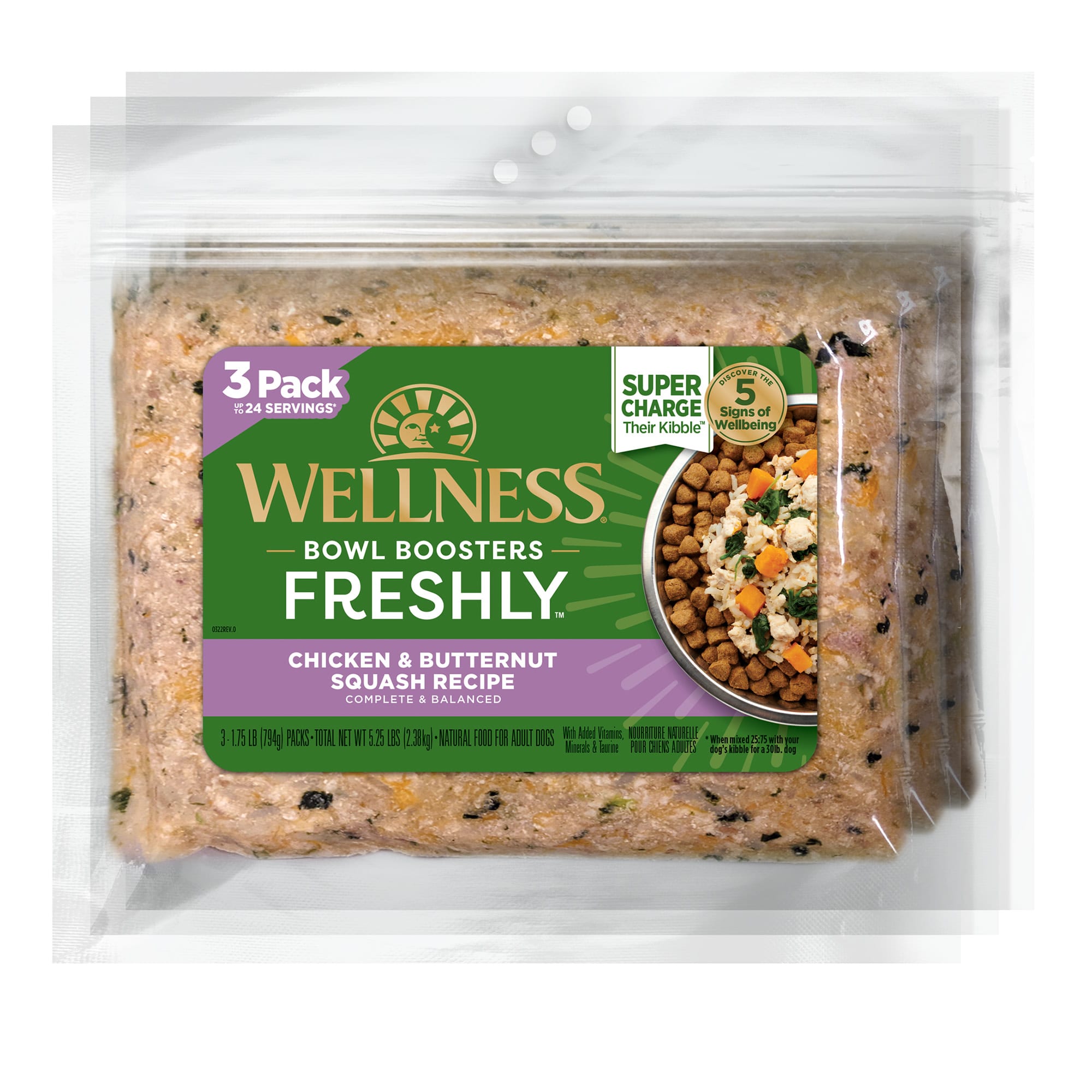 Wellness Freshly Bowl Boosters Chicken  Butternut Squash Frozen Fresh Dog Food， 5.25 lbs.