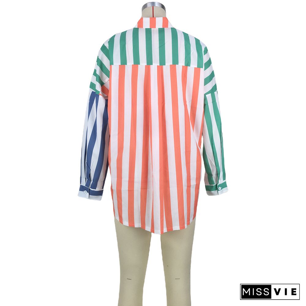 Long Sleeve Striped Print Color Block Oversized Shirts