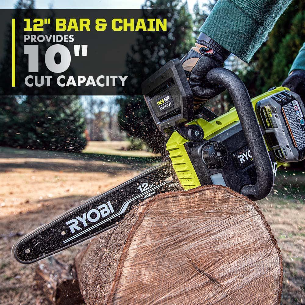 RYOBI ONE HP 18V Brushless Whisper Series 12 in Battery Chainsaw w Extra Chain Bar and Chain Oil 60 Ah Battery and Charger