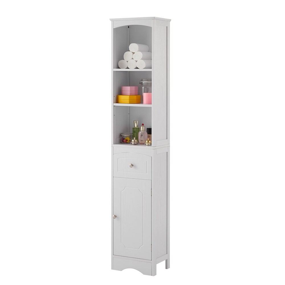 Linen Tower Floor Storage Cabinet with Drawer and Adjustable Shelf  Free Standing Tall Bathroom Storage Furniture Cabinet  White