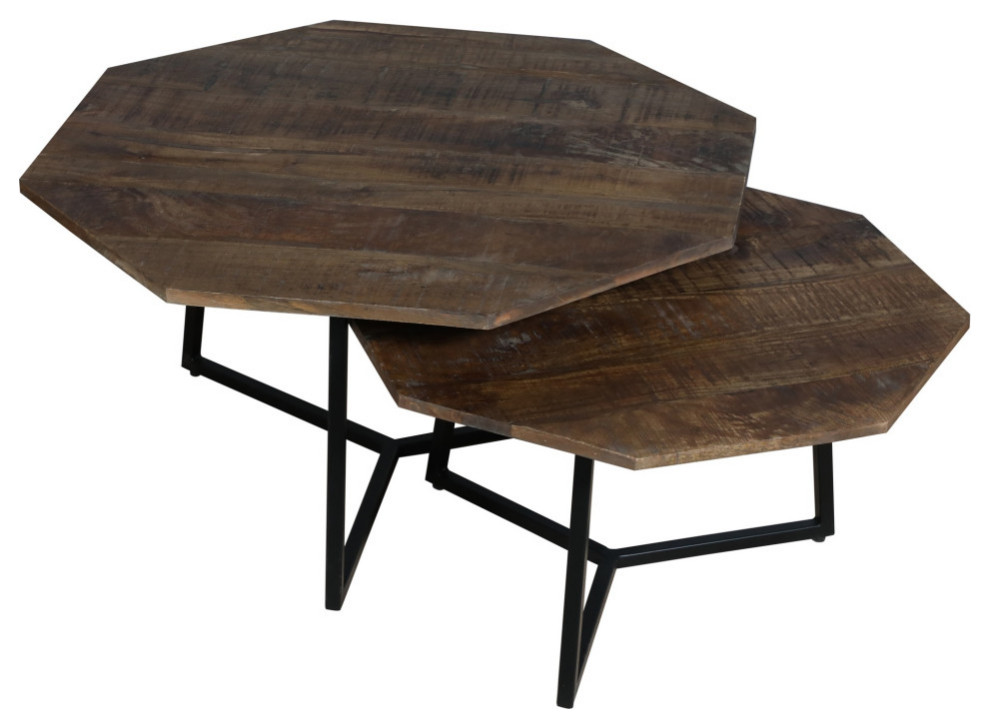 35  28 quot2 Piece Nesting Coffee Table Set  Octagon Top  Mango Wood  Brown  ampBlack   Industrial   Coffee Table Sets   by VirVentures  Houzz