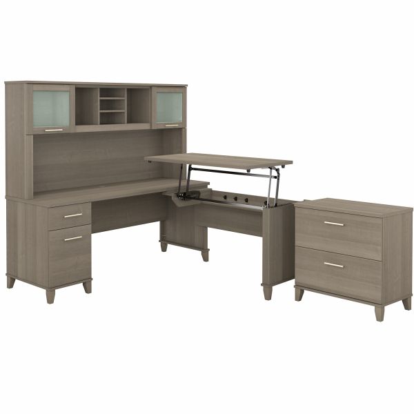 Bush Furniture Somerset 72W 3 Position Sit to Stand L Shaped Desk with Hutch and File Cabinet in Ash Gray