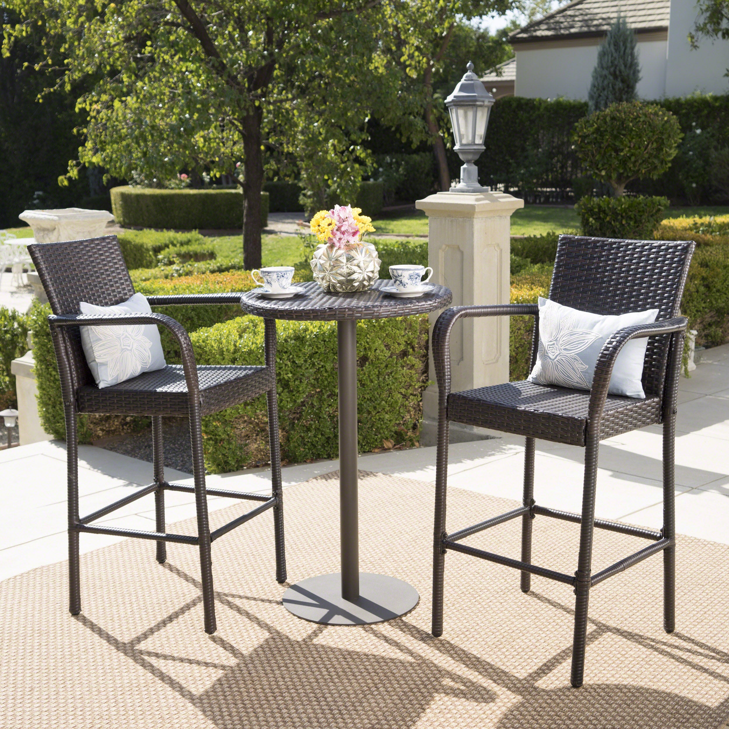 Stetta Outdoor 3 Piece Round Multi-brown Wicker Bar Set