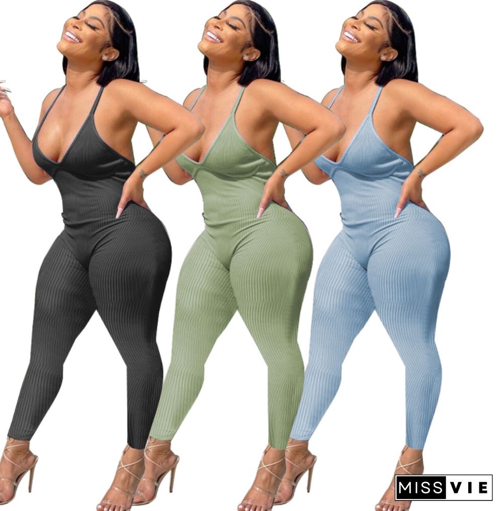 Sexy Summer Women Elegant Streetwear Solid V-Neck Halter Backless High Elastic Bodycon Fitness Jumpsuit