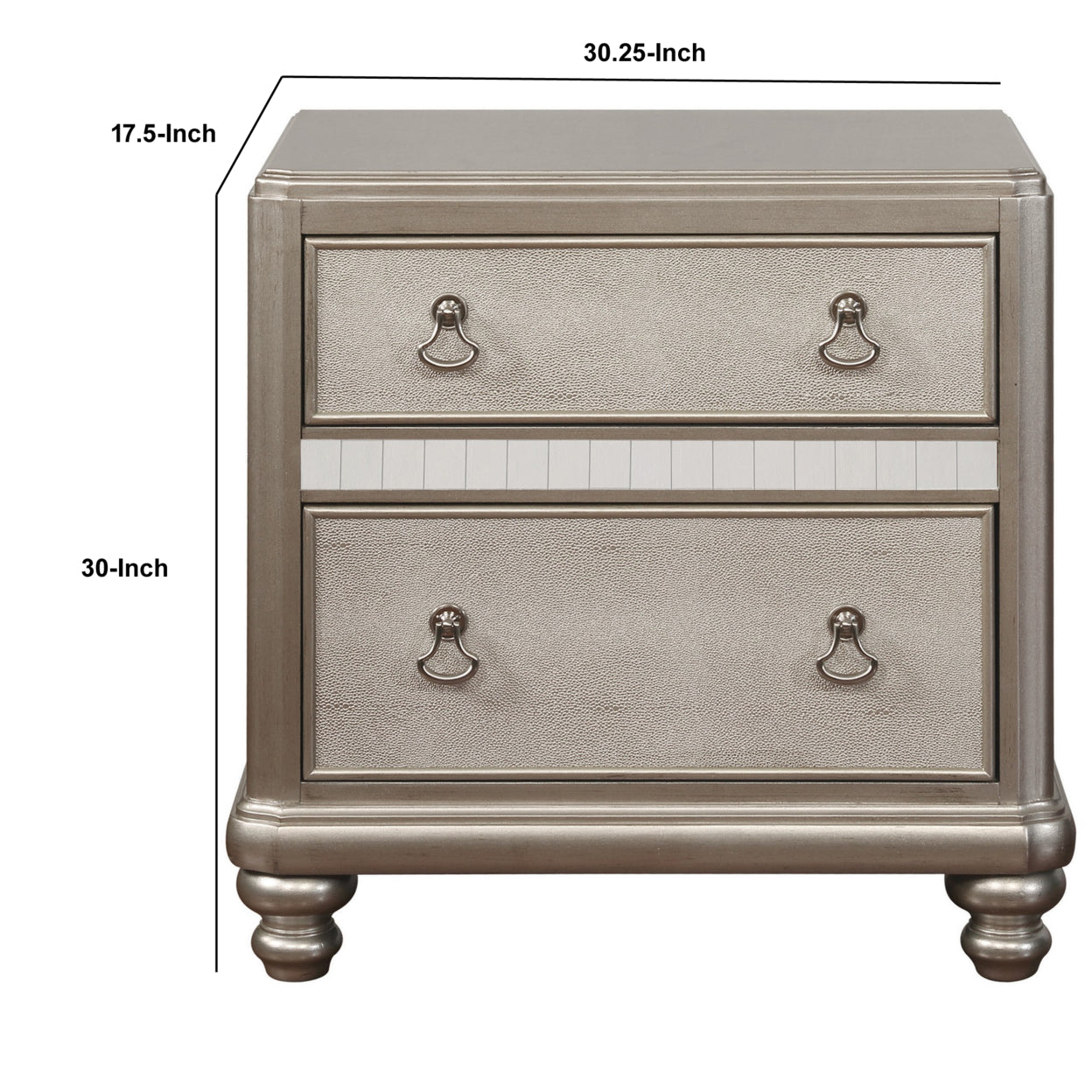 Bling Game 2-drawer with Stacked Bun Feet Nightstand Metallic Platinum