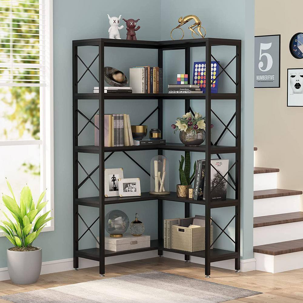 BYBLIGHT Eulas 66 in. Black Wood 5 Shelf Corner Bookshelf Large Modern Corner Bookcase 5-Tier Tall Corner Shelf Storage BB-JW0236XF