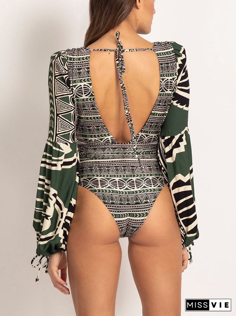 Vintage geometric sexy backless long-sleeved bikini