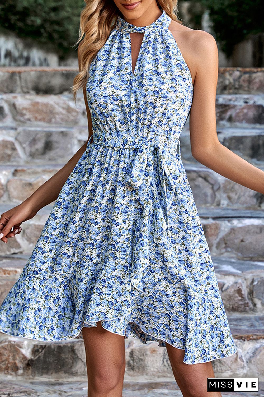 Twisted High Collar Hollow Out Sleeveless Floral Dress