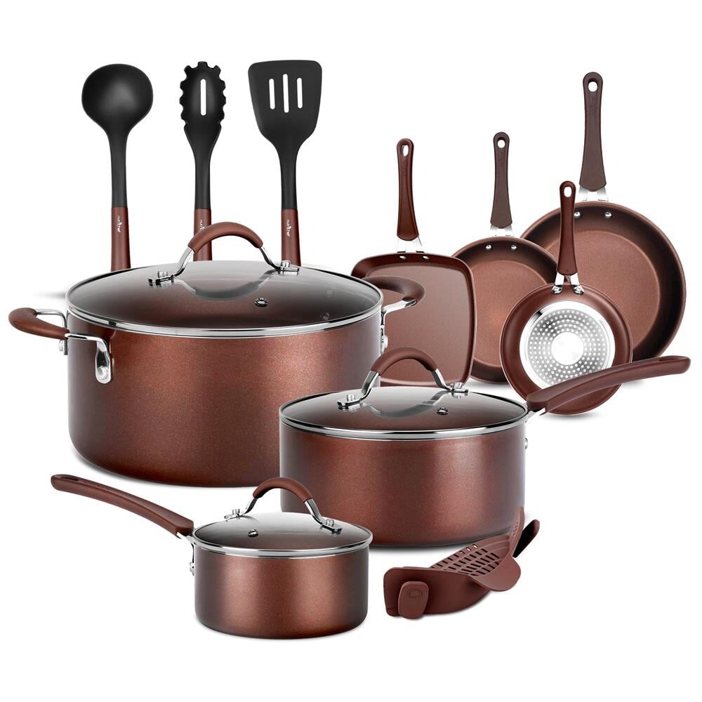 14 Piece Non-stick Kitchen Cookware Set， Brown|Blue