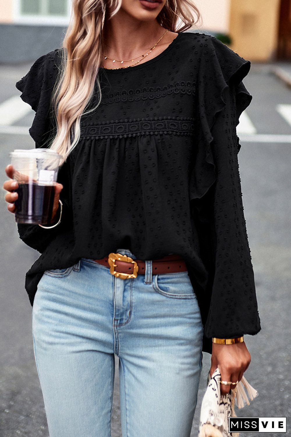 Lace Eyelet Ruffle Shoulder Long Sleeve Blouse