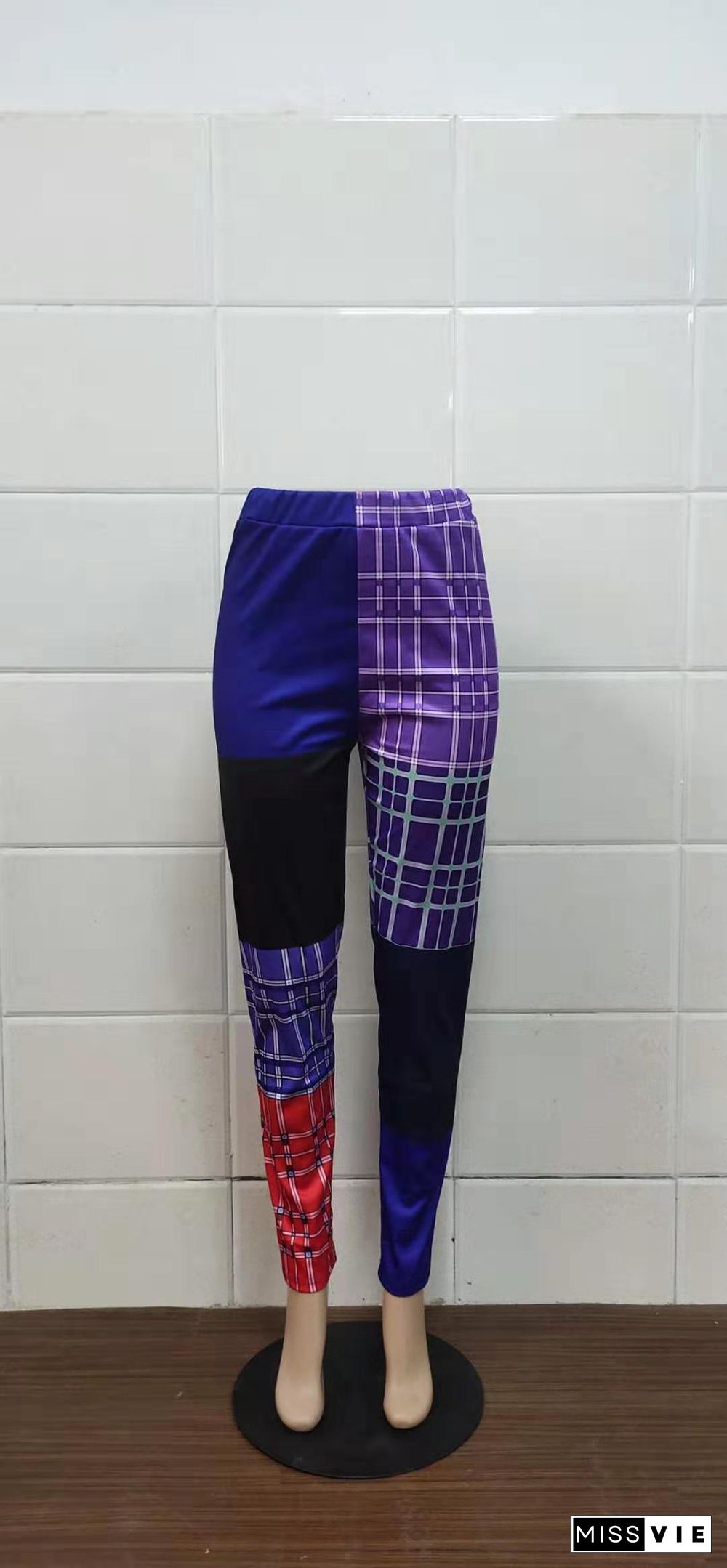 Plaid Print Patchwork Mid Waist Straight-Leg Pants