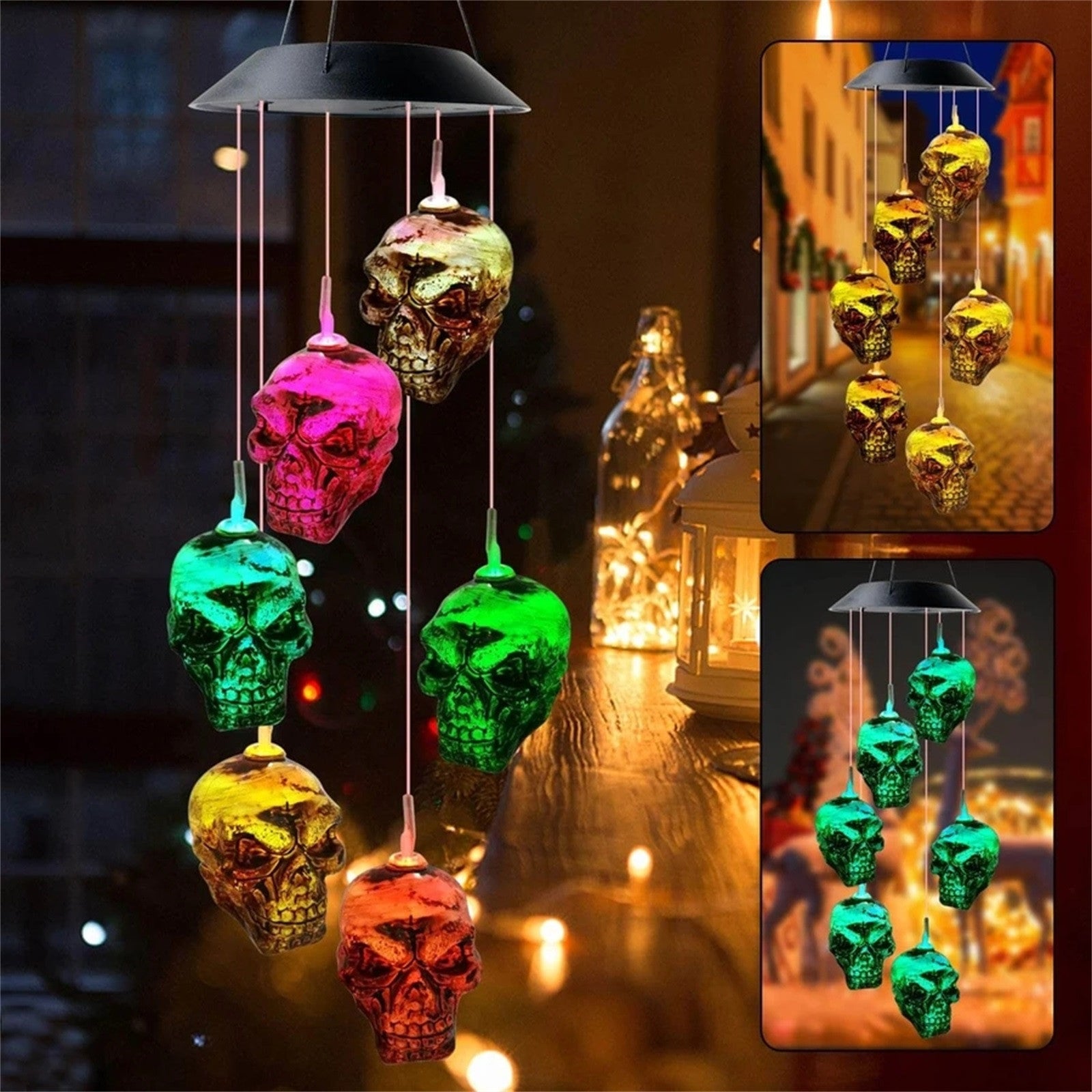 ICQOVD Solar Skeleton Skull Solar Powerd Led Wind Chimes Night Light Party Decorate