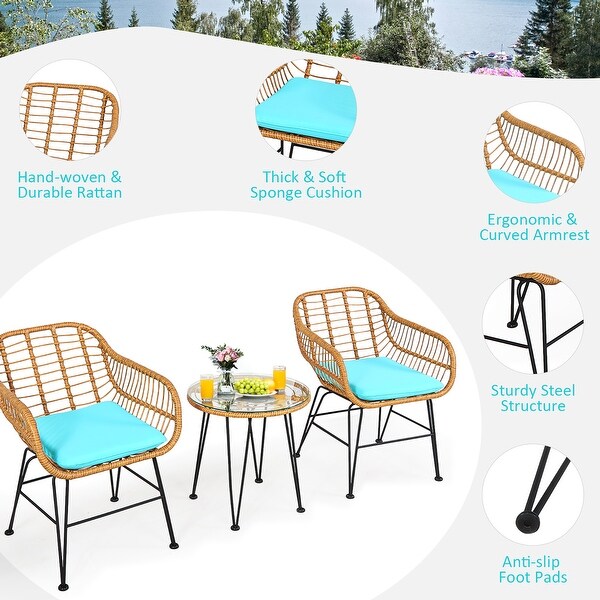 Costway 3PCS Patio Rattan Bistro Furniture Set Cushioned Chair Table