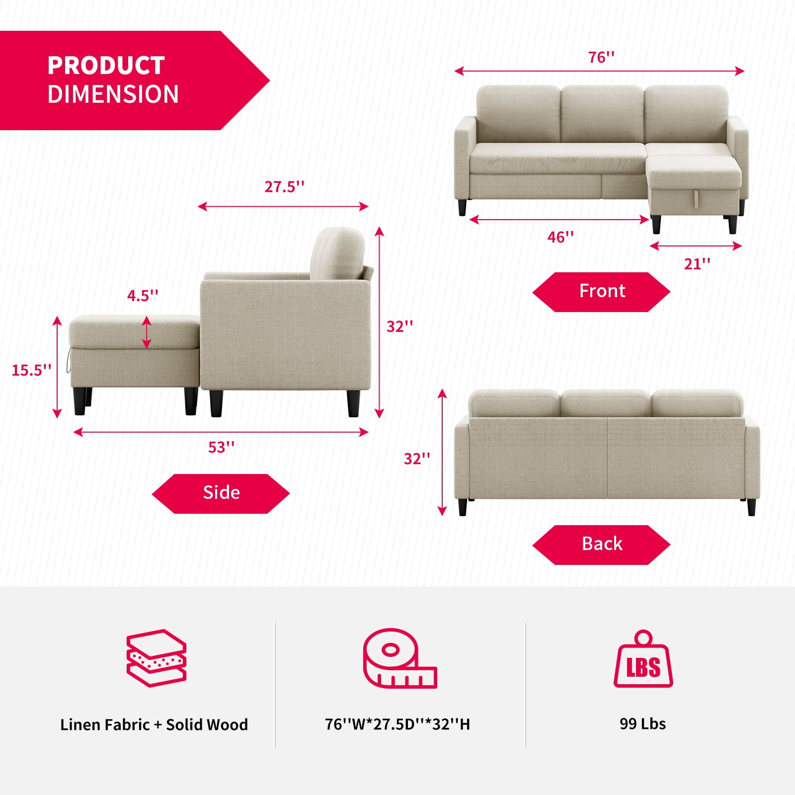 MUZZ Small Convertible Sectional Sofa, L-Shaped 3-Seater Sofa with Storage Ottoman, Free Combination Sectional Couch with Movable Ottoman, Modern Linen Fabric Sofa Set for Living Room (Beige)