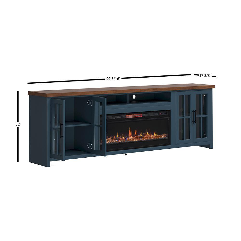 Bridgevine Home 97 in. Fully Assembled Blue and Brown TV stand with Electric Fireplace Fits TVs up to 85 in. NT5410.BWK