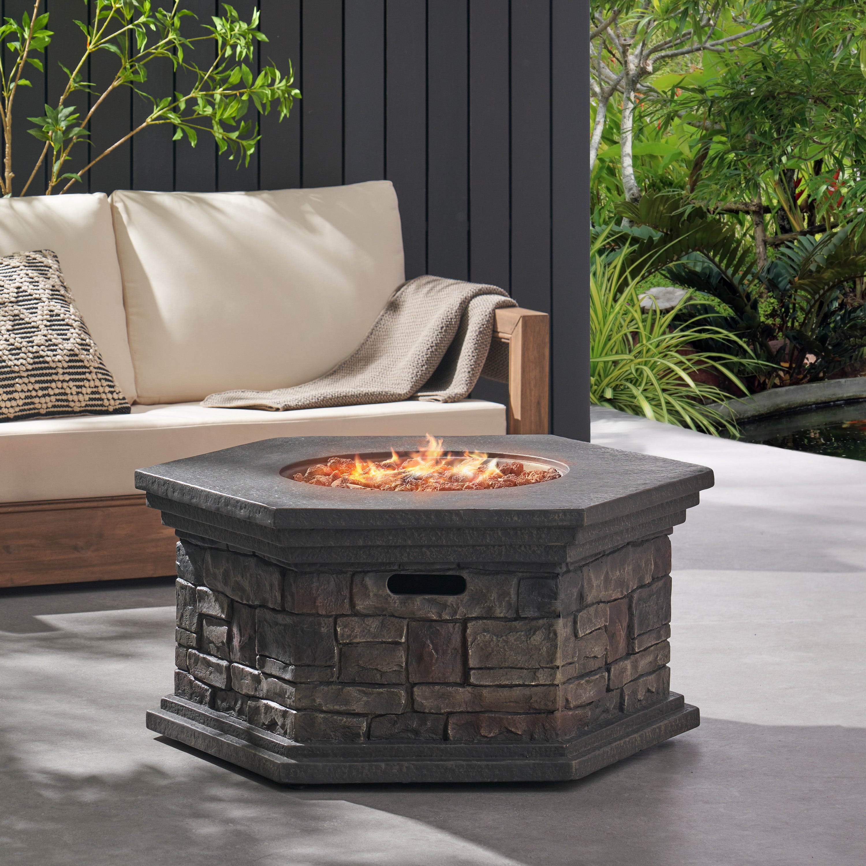 Troy Outdoor 40,000 BTU Lightweight Concrete Octagonal Fire Pit (No Tank Holder), Stone Finish