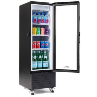 Premium LEVELLA 4.9 cu. ft Commercial Upright Display Frost Free Refrigerator Glass Door Beverage Cooler with LED Light Strip in Black PRNS507DX