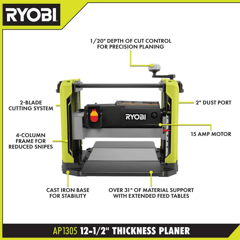 RYOBI 15 Amp 12-1/2 in. Corded Thickness Planer with Planer Knives, Knife Removal Tool, Hex Key and Dust Hood AP1305