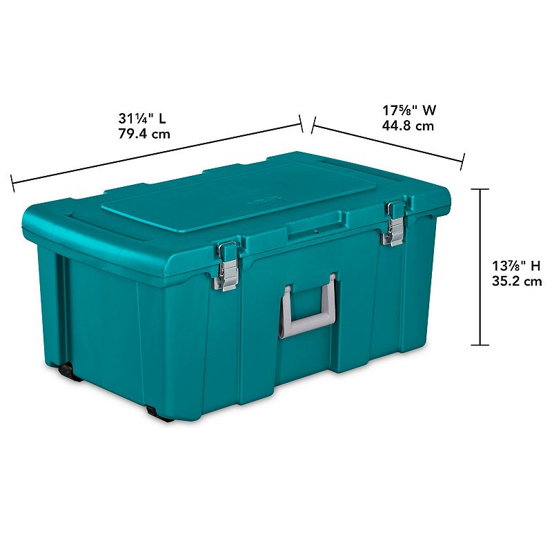 Sterilite 16 Gallon Lockable Footlocker Toolbox Container Box with Wheels， Teal