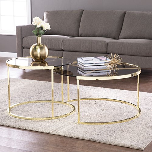 Unique Coffee Table Set  Nesting Design With Brass Metal Frame  ampSmoke Glass Top   Contemporary   Coffee Table Sets   by Decor Love  Houzz