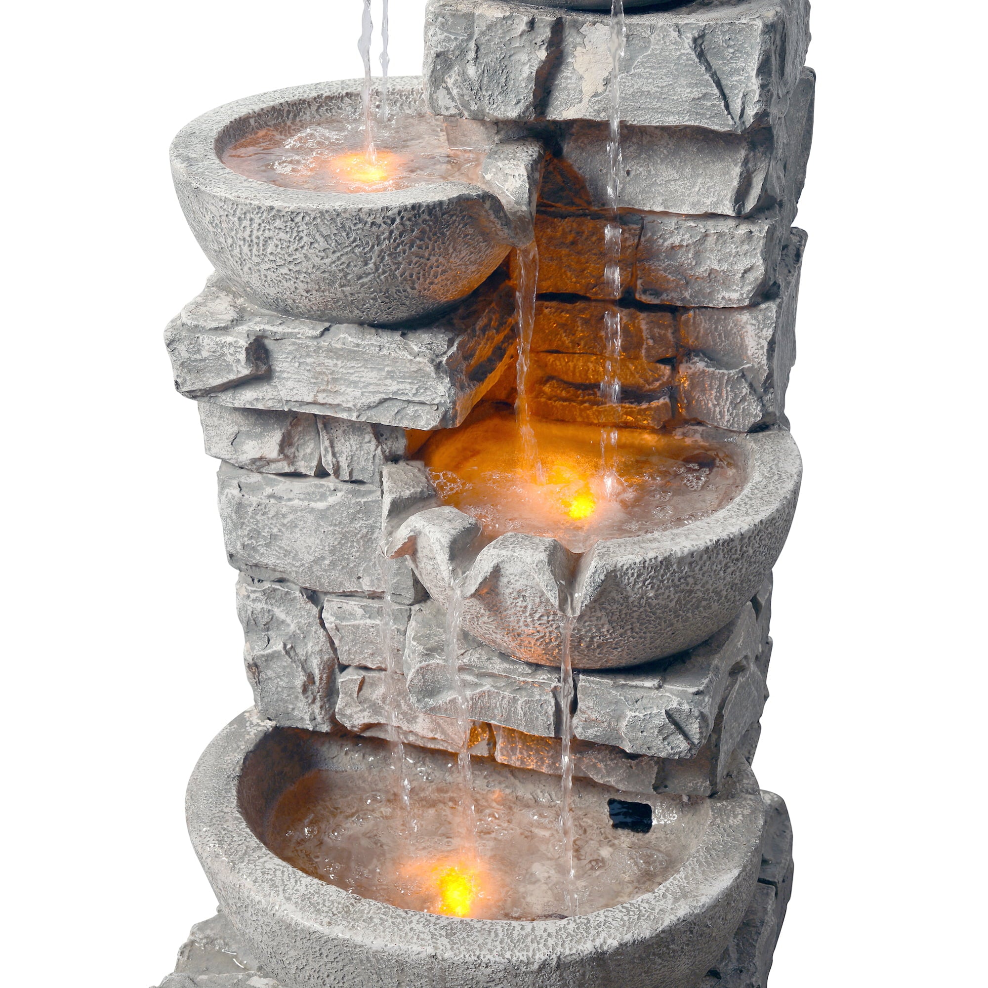 Teamson Home Stacked Stone Tiered Bowl Fountain with LED Light， Gray